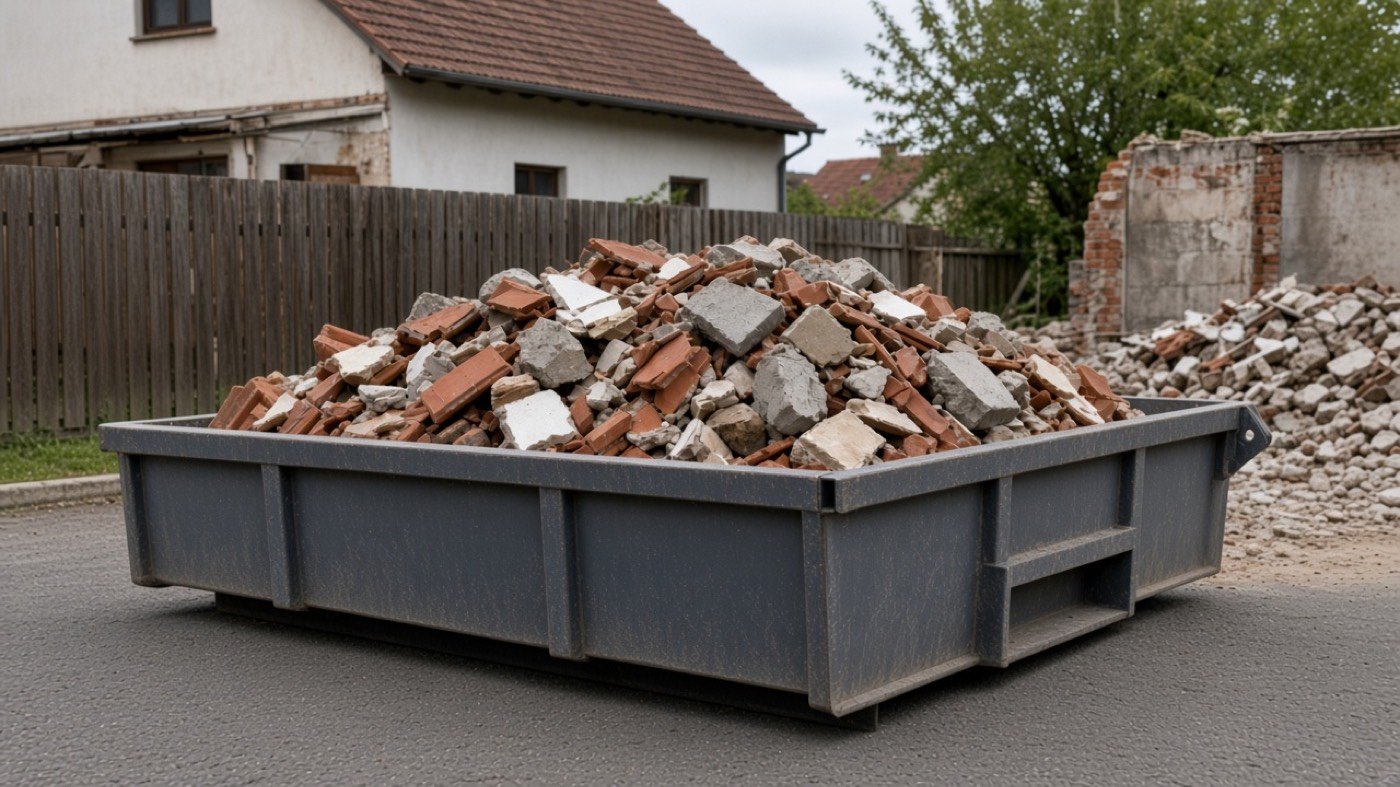 Nízký kontejner 3 m³ na suť, naložený po okraj